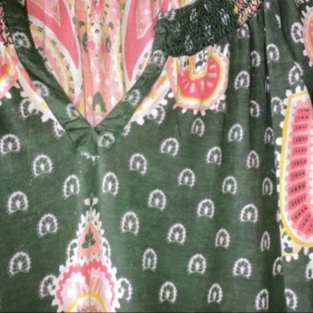 Lucky Brand Olive Green Paisley Boho Peasant Blouse 100% Cotton Small - Picture 2 of 5